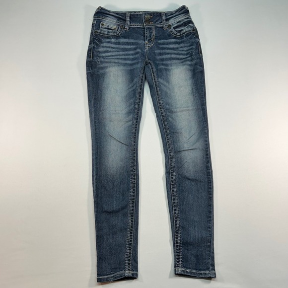 Wallflower Denim - WallFlower Skinny Jeans Womens 3 Dark Wash Whiskered Thick Stitch Denim Low Rise